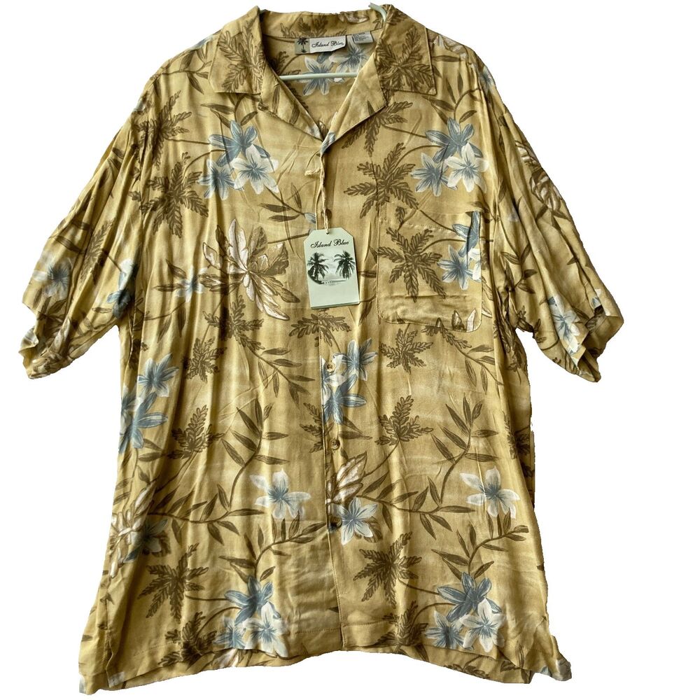 Island Blue Hawaiian Shirt Mens Size L Palm Trees Floral Rayon Beige Green Camp